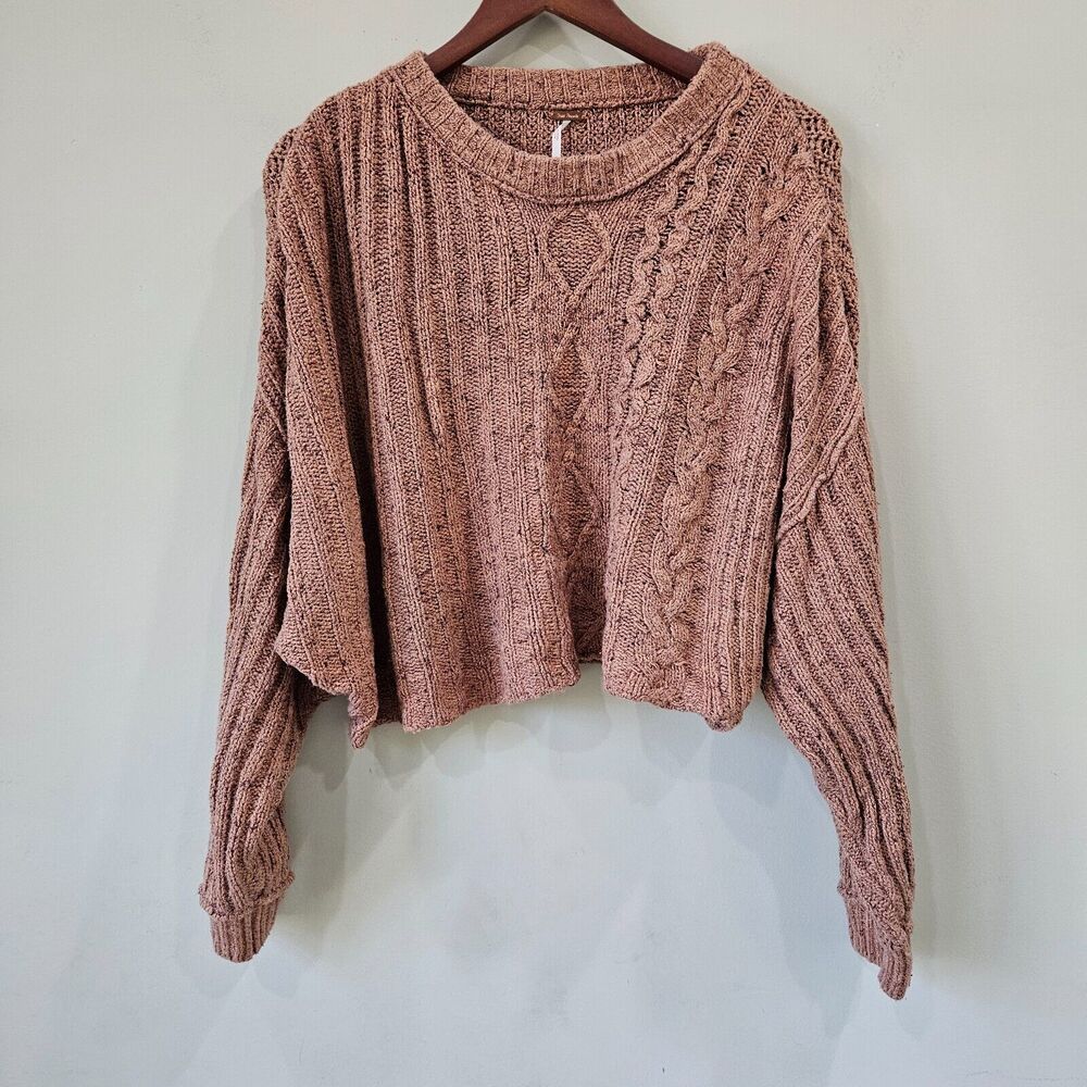 Free People Womens On Your Side Multi Cable Knit Sweater S Brown Crop Oversized